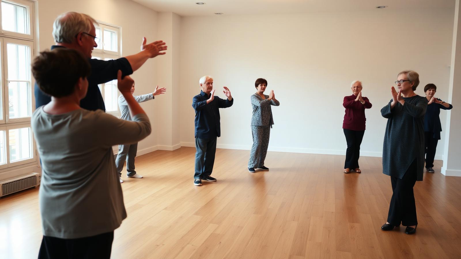 Aula de Tai Chi da Família Yang num estúdio luminoso