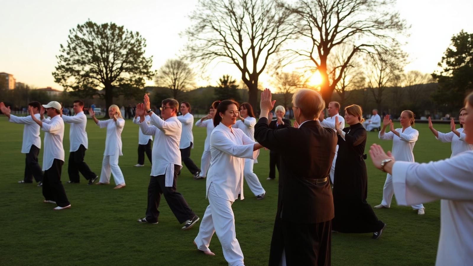 Prática de Tai Chi ao ar livre num parque ao final do dia